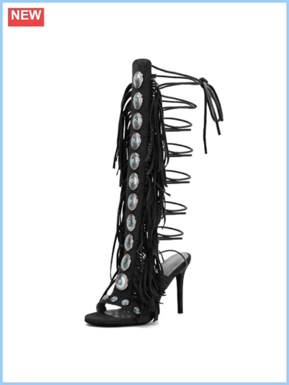 Open Toe Lace Up Fringe Heels Faux Suede Gladiator Heeled Sandals